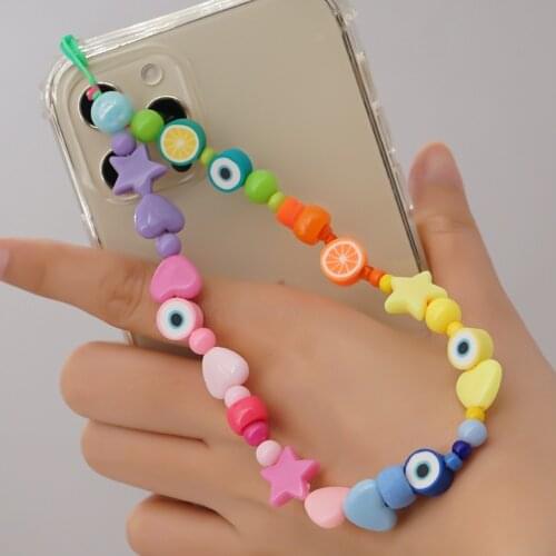 Mixed Color Heart Star Beads Mobile Phone Lanyard Eye Cell Phone Chain Bracelet Keychain Charm Cord Women Accessories 2021