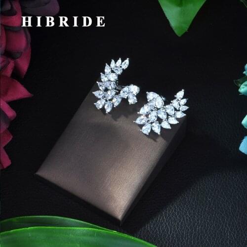 HIBRIDE Luxury Marquise Cluster Flower Shape Cubic Zirconia Stud Earrings for Brides Wedding Jewelry E-225