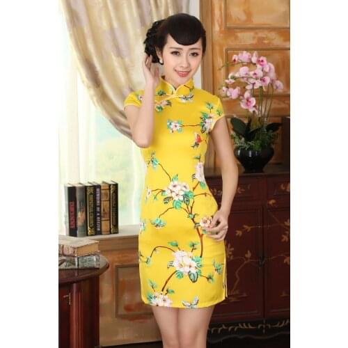 Shanghai Story Blend Silk fabric Digital print cheongsam dress traditional oriental dress Flower print Yellow qipao dress