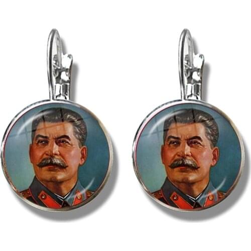 Soviet USSR Stalin Lenin French Hook Earrings Classic Red Star Hammer Sickle Communism Emblem CCCP Glass Cabochon Ear Jewelry