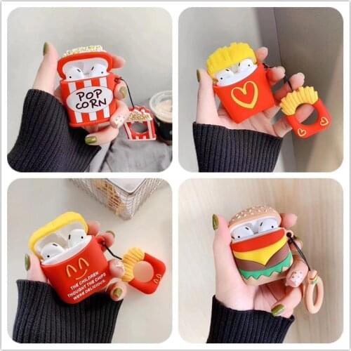 Universal Silicone Protective Case for AirPods 1/2 Hamburger Popcorn Bluetooth Earphone Charger Box Cover Anti-lost Lanyard Gift