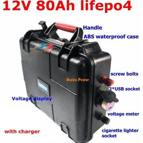 Waterproof lifepo4 12v 80ah bateria 12.8v baterie USB port for LCTV lighting xenon lamp camp Climbing Solar + 5A charger