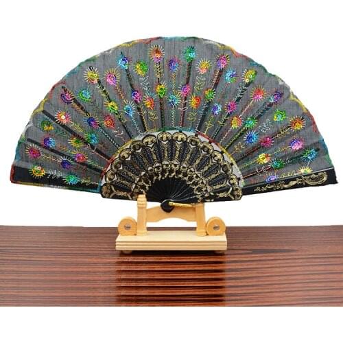 Embroidered Sequins Folding Fan Chinese Style Classical Hand Fans Dance Manual Fan Girls Women Photo Props Home Decoration