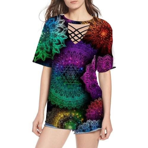 [You're My Secret] Mandala Print V-neck T-shirt For Women Plus Size Fashion Flower Cool Streetwear Loose Hollow Out T-shirt