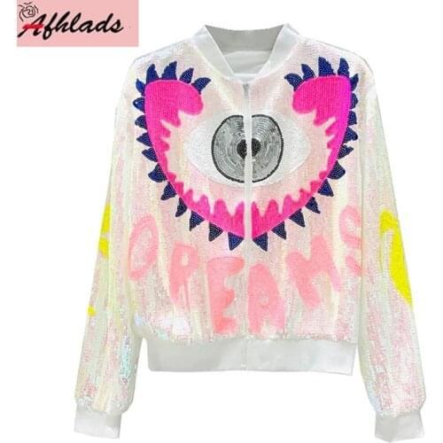 2021 Korean Womens Vintage Spring And Autumn Jacket Sequined Long-Sleeve Stand Collar Streetwear Hip-Hop Fashion Jacket Coat