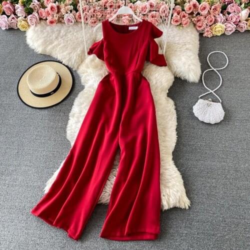 Rompers Womens Jumpsuit 2021 New Summer Short Sleeve Hollow Solid Casual Wide Leg Pants Fashion Ladies Elegant Bodysuit Korean