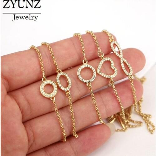 10PCS, Dainty elegant gold cz heart /infinity/circle charm bracelet, cubic zirconia, crystal bracelet, minimalist bracelet