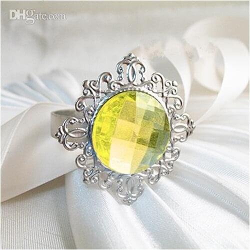 100PCS Silver Plated yellow Vintage Style Napkin Rings Wedding Bridal Shower Napkin holder,Bling Acrlic Crystal Napkin