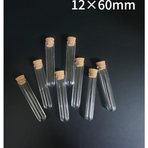 50pcs/100pcs/200pcs/500pcs 12x60mm Laboratory Clear Plastic Test Tube Vials With Corks Stoppers Caps School Lab Supplies