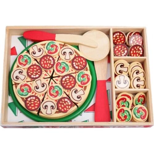 64 Pcs Pretend Play Wooden Pizza Toy for Kids, Pizza Play Food Set for Children Pizza Party Food Cooking and Cutting Wooden Play