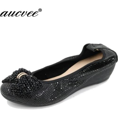 AUCVEE Brand Fashion Ballerina Shoes Woman Leather Ballet Flats Slip On Flat Loafer Handmad Women Bead Rhinestone Shoes LJJ-48