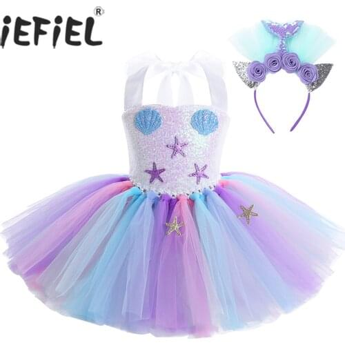 Kids Girls Fairy Mermaid Costume Sparkly Sequins Scallop Starfish Applique Tutu Dress with Hair Hoop for Halloween Cosplay Party