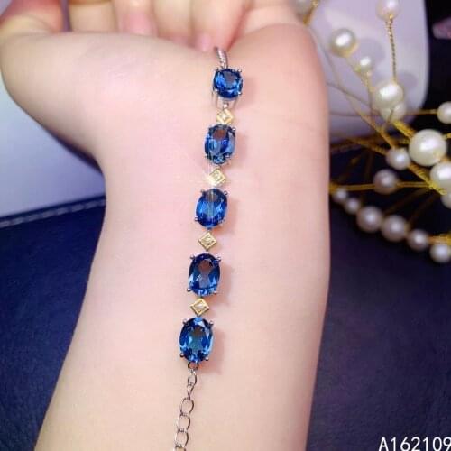 Fine Jewelry 925 Sterling Silver Inset With Natural Gemstones Womens Luxury Vintage Oval Blue Topaz Hand Bracelet Support Detec