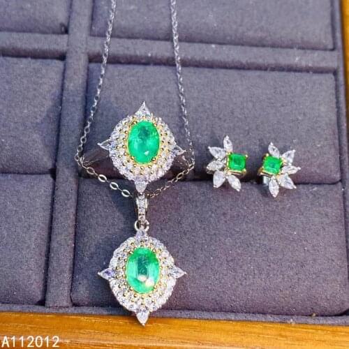 KJJEAXCMY fine jewelry natural Emerald 925 sterling silver exquisite girl pendant necklace chain earrings ring set support test