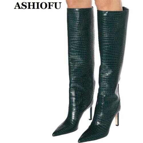 ASHIOFU Classic Handmade Ladies High Heel Boots Shinny Leather Party Knee-high Boots Evening Club Fashion Winter Boots Shoes