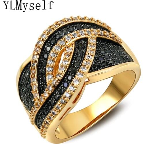 Gold color rings for women with Black crystal stones Lines design bijuteria feminina anelli donna Trendy jewelry ring