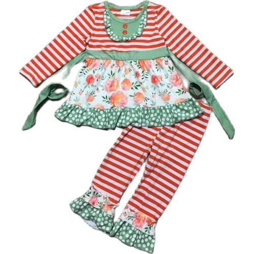 Girlymax Spring/winter Baby Girls Children Ruffles Boutique Stripe Floral Pants Sets Outfits Romper Toddler Kids Clothing