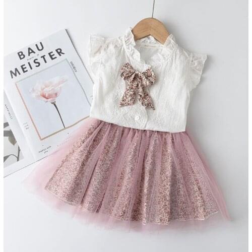 Girls Casual Dress Set 2021 New Summer Kids Cute Bowtie Dresses Children Lovely Mesh Dress Party Costumes Baby Clothing