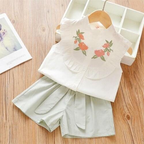 Girls Summer Clothes Sets Children Kids Outfits Shirt and Shorts Sleeveless Embroidery Flower Child Clothing Sets for 2-7 Years