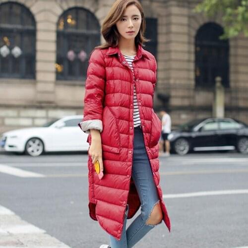 Winter Jackets Women White Duck Down Jackets Long Ultra Light Thin Casual Coat Puffer Jacket Slim Hooded Parka Female Black Red