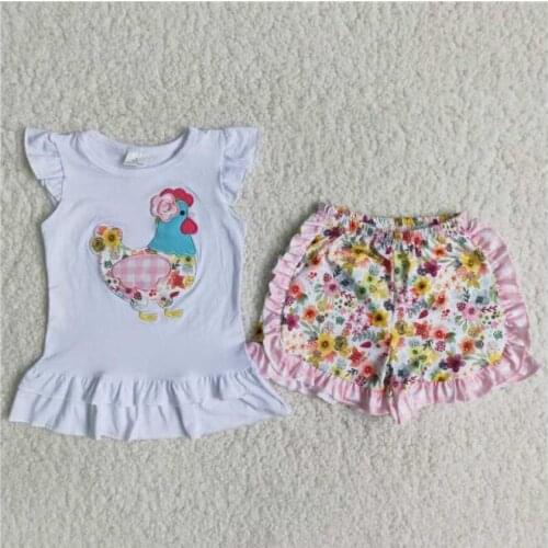 Summer baby girl clothes outfit sets embroidered chicken white floral shorts set