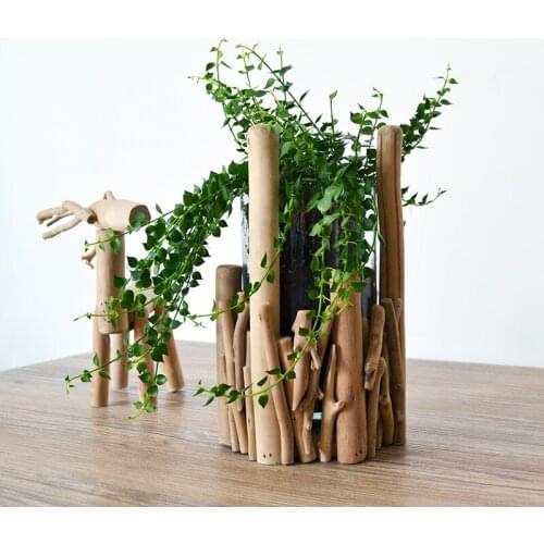 Mini Pot Handmade Wooden Geometric Vase Decoration Fake Flower Decoration Living Room Potted Flower Arrangement with Lights