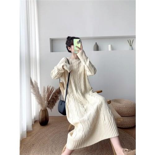 New Autumn And Winter Korean Version Of Long Loose Show Thin Twist Wool Dress Knitted Dress