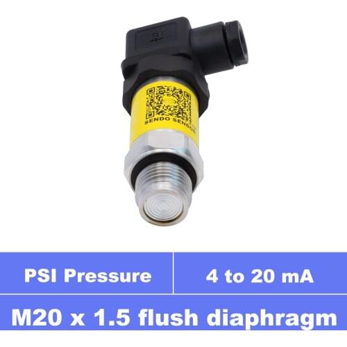 Flush pressure sensor, 12 24vdc supply, 4 20mA signal, M20x1.5 thread, psi pressure 10, 30, 75 psi gauge, 0 to 100, 300, 500psi