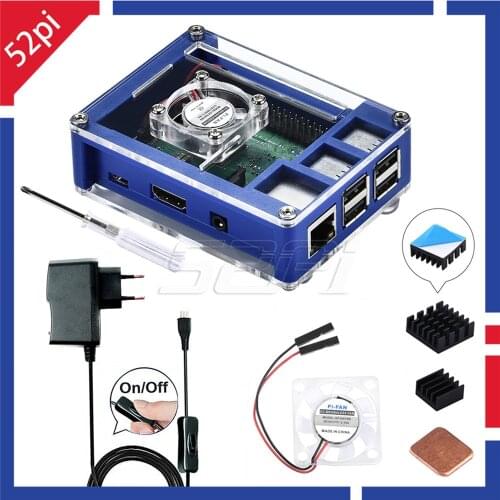 52Pi Acrylic Plastic Blue & Transparent Case with Optional 5V 2.5A Power Adapter, for Rasberry Pi 3B+ / 3B Plus (Not Include)