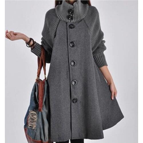 Woolen Coat Winter Cloak Knit Long-sleeved High O-neck Trench Coat Female Spring Autumn Womens Single-breasted Windbreaker