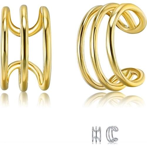 ZEMIOR Genuine Sterling Silver 925 Jewelry Simplicity Ear Cuff Three Lines Two Color Clip Earrings For Women Prom Cuff Earring