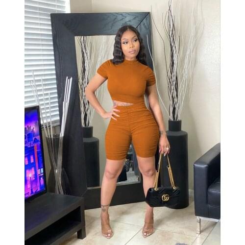 Two Piece Set Summer Clothes Solid O-neck Short Sleeve Folds Sexy T-shirt+Shorts Sets Tracksuit Women Streetwear Wholesale Items