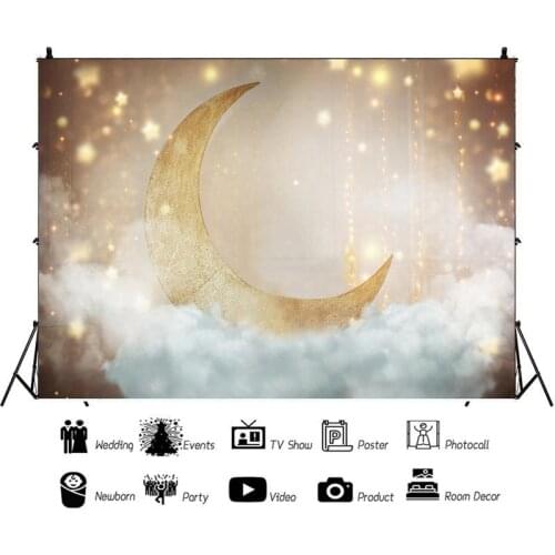 Golden Theme Moon White Clouds Stars Portrait Photography Background Vinyl Backdrop Birthday Party Photocall Studio Props
