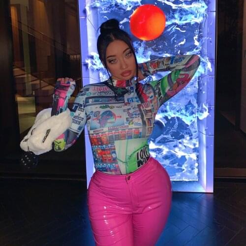 2 Colors Black And White Color Cyber Style Street Photo Pattern High Neck High Stretch Long Sleeve Bottoming T-Shirt