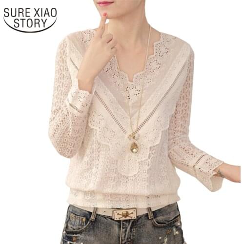 2021 New Hot Sale autumn Korean Fashion elegant lace Women Blouse V Neck Long Sleeve Slim Lace Feminina Shirt women tops 63C 30