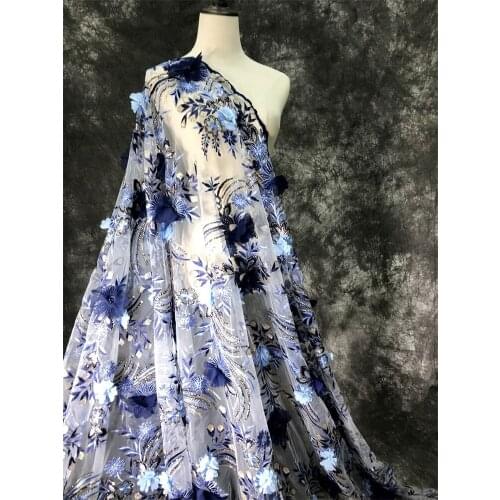 Handmade 3D Flower Sequins Pearls Lace Fabric Navy Dress Material DIY Craft Accesseories