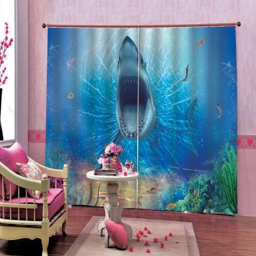 Shark 3D Undersea Animals Printing Curtain For Childrens room Blackout Window Drapes home Decor set (left and right side)