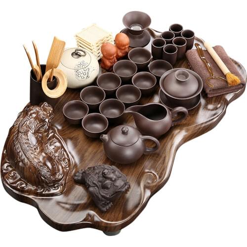 Purple Clay Tea Set Simple Chinese Style Tea Pot Wood Tray Kung Fu Ceramic Teacup Full Tableware Bardak Seti Tea Service EI80TS