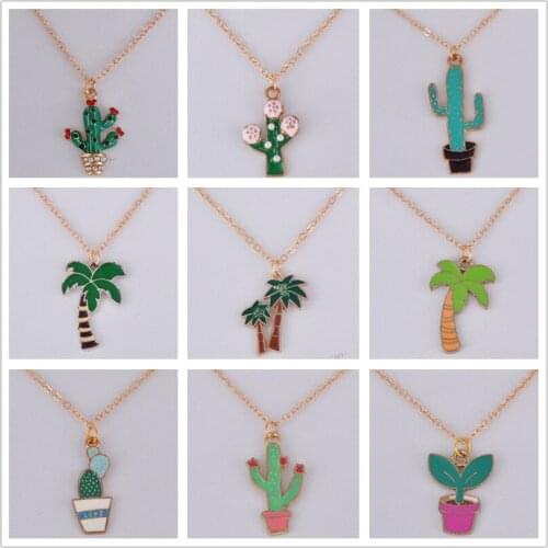 Enamel cactus bonsai palm coconut tree pendant necklace potted Succulent plants necklace fashion women costume jewellery choker