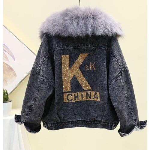 Fad Winter Vogue Warm Denim Natural Fox Fur Coat Rabbit Hair Liner Denim Jacket Female Beading Thick Outwear Loose Rhinestone
