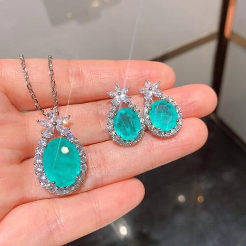 QTT Glittering Round Paraiba Tourmaline Gemstone Bridal Jewelry Set 925 Sterling Silver Chain Necklace Earrings For Women Gift
