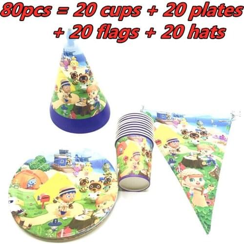 80/40 Pcs Animal Crossing Birthday Party Decoration Party Supplies Disposable Paper Cups Plates Banner Hats Kids Tableware Sets