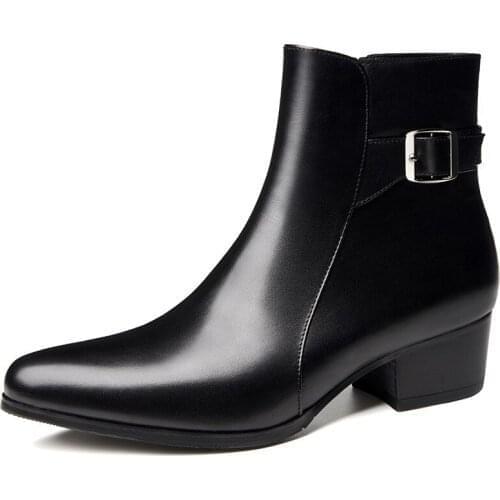 Brand Luxury Genuine Leather Chelsea Boots Men Korean Fashion Buckle Mid-Calf Pointed Toe Boots Black High Heel Dress Shoes New