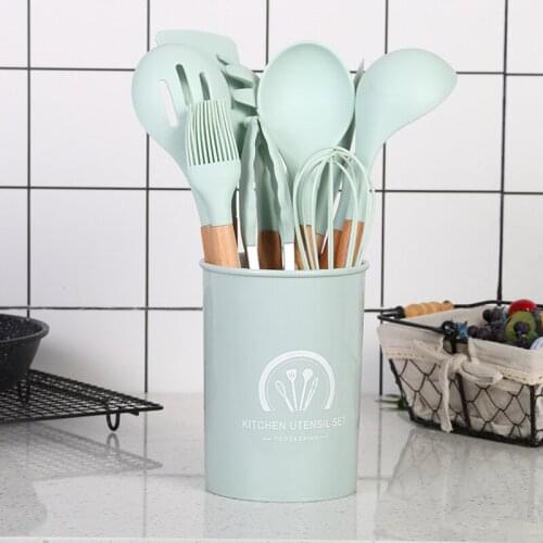 12Pcs Silicone Kitchen Cooking Utensils Set Spatula Shovel Spoon Wooden Handle Cooking Tools With Storage Box Cooking Tool Sets