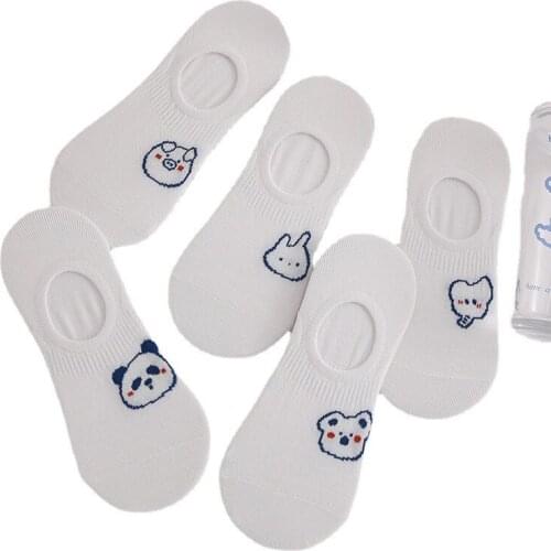 5 Pairs/Lot Women Breathable White Boat Socks Invisible Non-slip Short Socks Cute Animal Designer Socks Wholesale