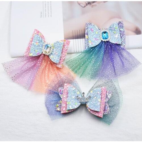 2020new Frozen Elsa Princess Crown Clip Headdress Diamond Mesh Ribbon Bow baby girl headbands baby girl accessories