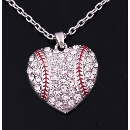 New Arrival 10pcs rhodium plated zinc studded with sparkling crystals Baseball Heart Pendant chain necklaces