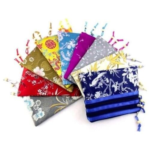 Wholesale BRAND NEW10PCS CHINESE HANDMAADE 3 ZIPPER silk pouch handbag WALLET