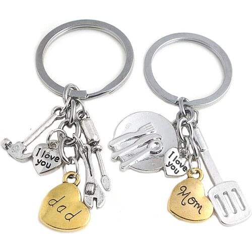 Dad Mom I love you Keychain Metal wrench screwdriver hammer Tool Key Chain For Dad tableware Charm Key ring tool Model for Mom