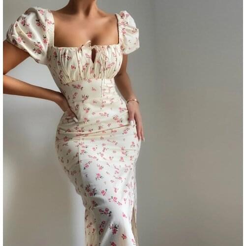 Summer dress French retro puff sleeve bag hip hem slit fashion short sleeve square neck floral dress woman